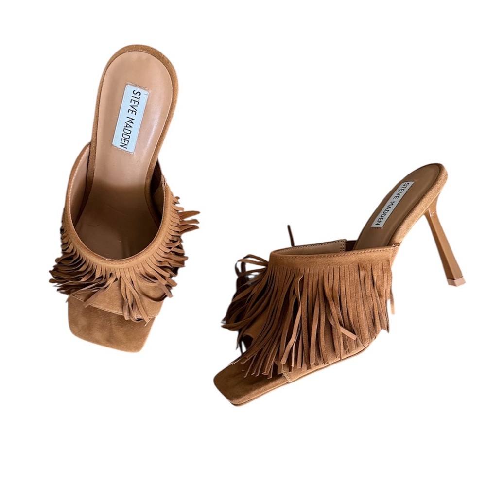 ‼️STEVE MADDEN MORINA COGNAC SEUDE FRINGE MULE HEELS‼️SOLDOUT